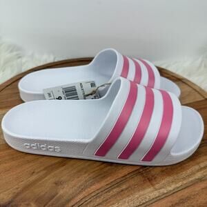 Adidas Adilette‎ Aqua Slides Women Size 9 White Pink Stripes Slip-On Pool Shower